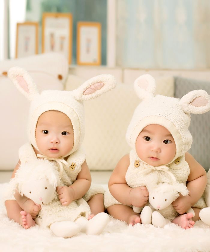 gallery-2 Twin babies wearing cute bunny outfits with plush toys indoors.