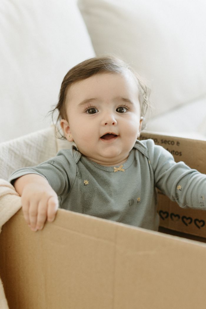 gallery-3 Adorable baby enjoying playtime in a cardboard box at home. Perfect for family lifestyle imagery.