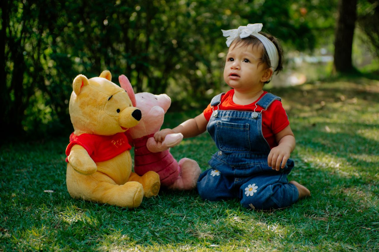 services-img Adorable child in denim and red plays with Pooh Bear plush toys on grass.